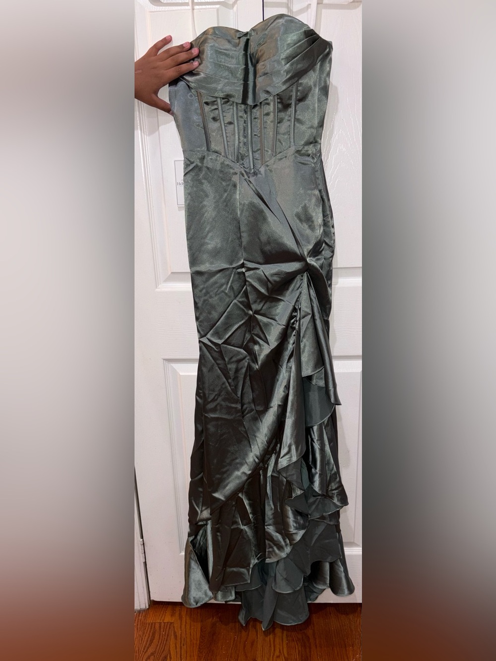 Satin Ruched Ruffle Maxi Skirt in Dark Green